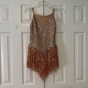 Rose Gold Sequin & Fringe Dance Costume – V-Neck Mesh Panel